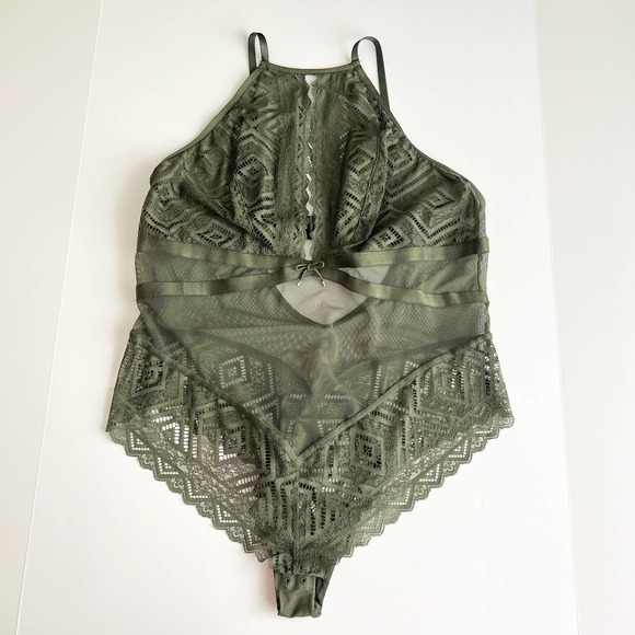 Hunkemoller Other - [Hunkemoller] Danielle van Grondelle Olive Green Lace Mesh Halter Bodysuit Teddy